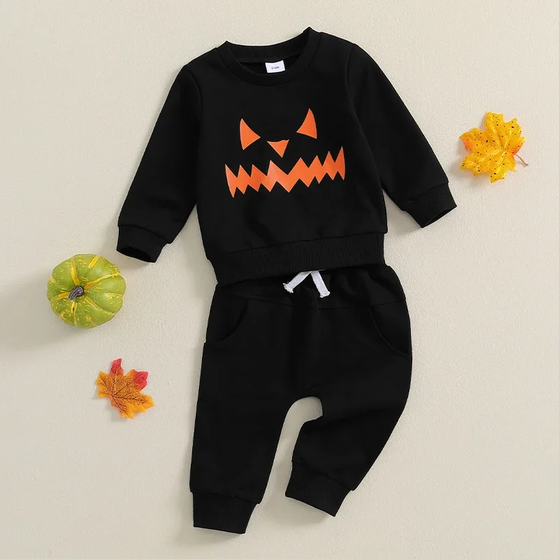 Toddler Boy Halloween Outfits Ghost Face Print Long Sleeve Sweatshirt with Elastic Waist Pants 2Pcs Set