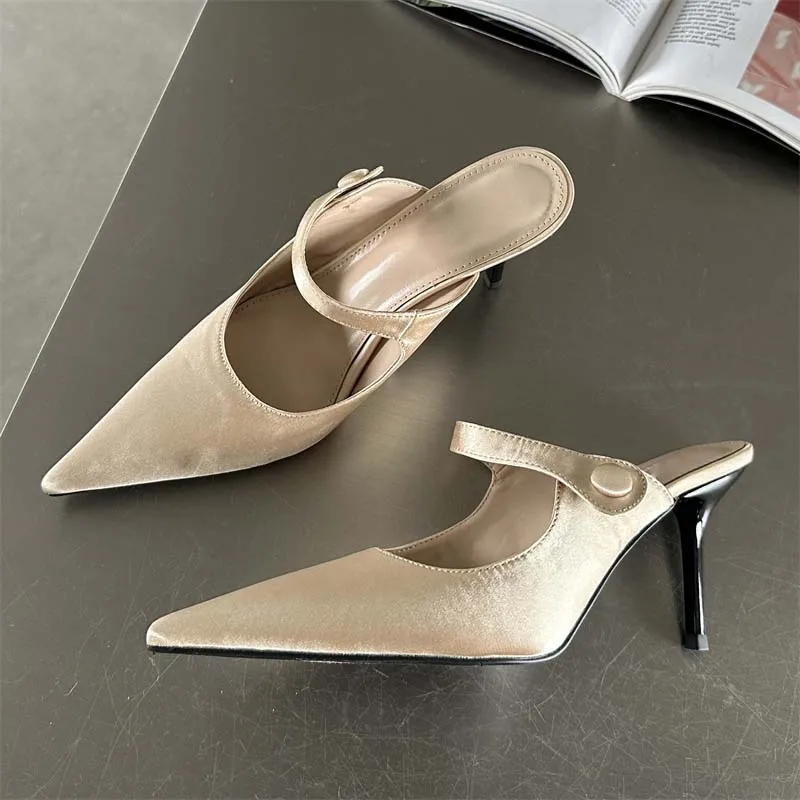 Eilyken 2024 Satin Button Pointed Toe Mules Pumps Women Slipper Fashion Shallow Thin High Heels Ladies Shoes