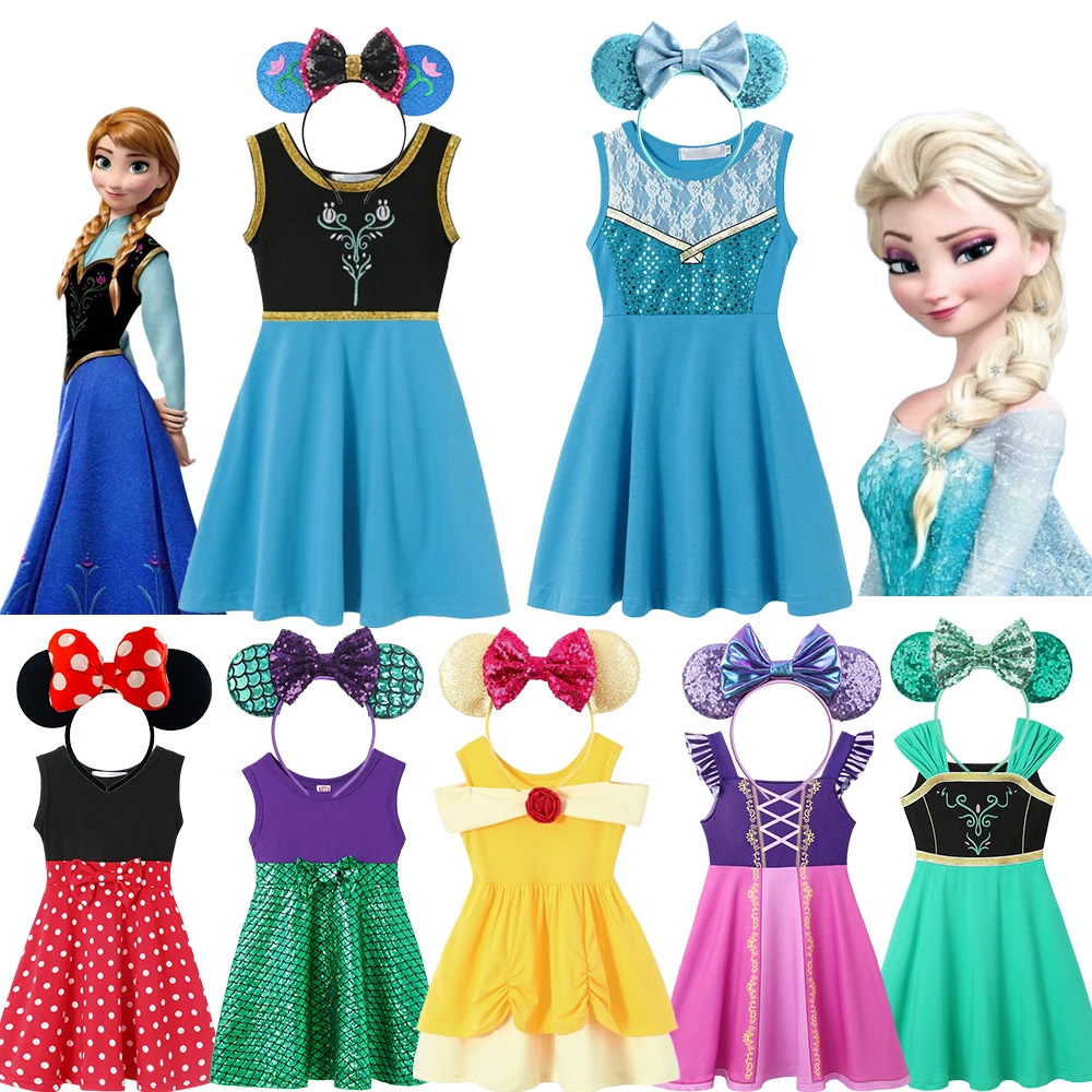 Frozen Elsa Anna Girl Casual Cotton  Dresses Mickey Mouse Rapunzel Mermaid Snow White Princess Clothes Summer Holiday Dress 2024