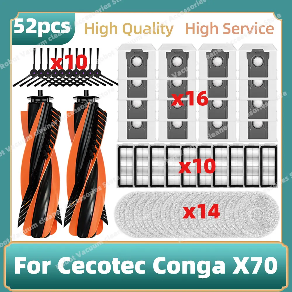 متوافق مع Cecotec Conga X70 قطع غيار المكنسة الكهربائية: الفرشاة الرئيسية، الفرشاة الجانبية، فلتر HEPA، قطعة القماش المبللة، وكيس الغبار.