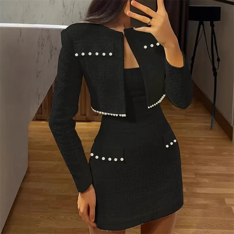 Branco elegante feminino terno saia conjunto 2 peça blazer jaqueta + curto mini vestido de baile com forro formal escritório jaqueta casaco outfit