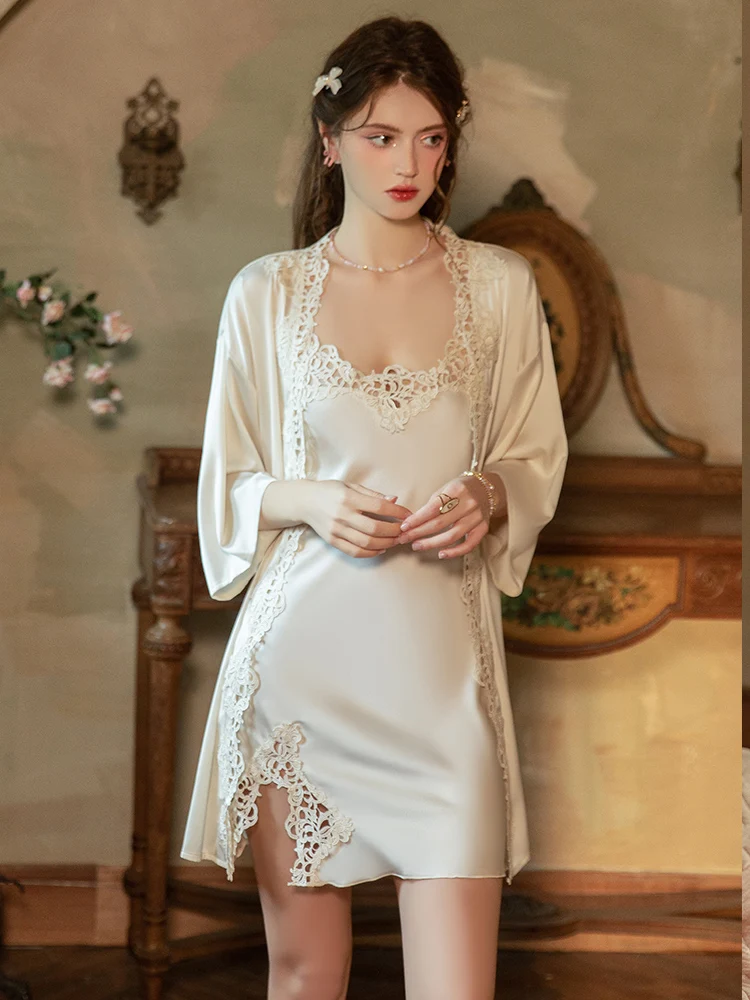 

Pure Desire Low Cut Lace Hollow out Sexy Satin Temptation Split Strap Nightgown Robe Set Xk6446 Sensual Sleepwear Outerwear
