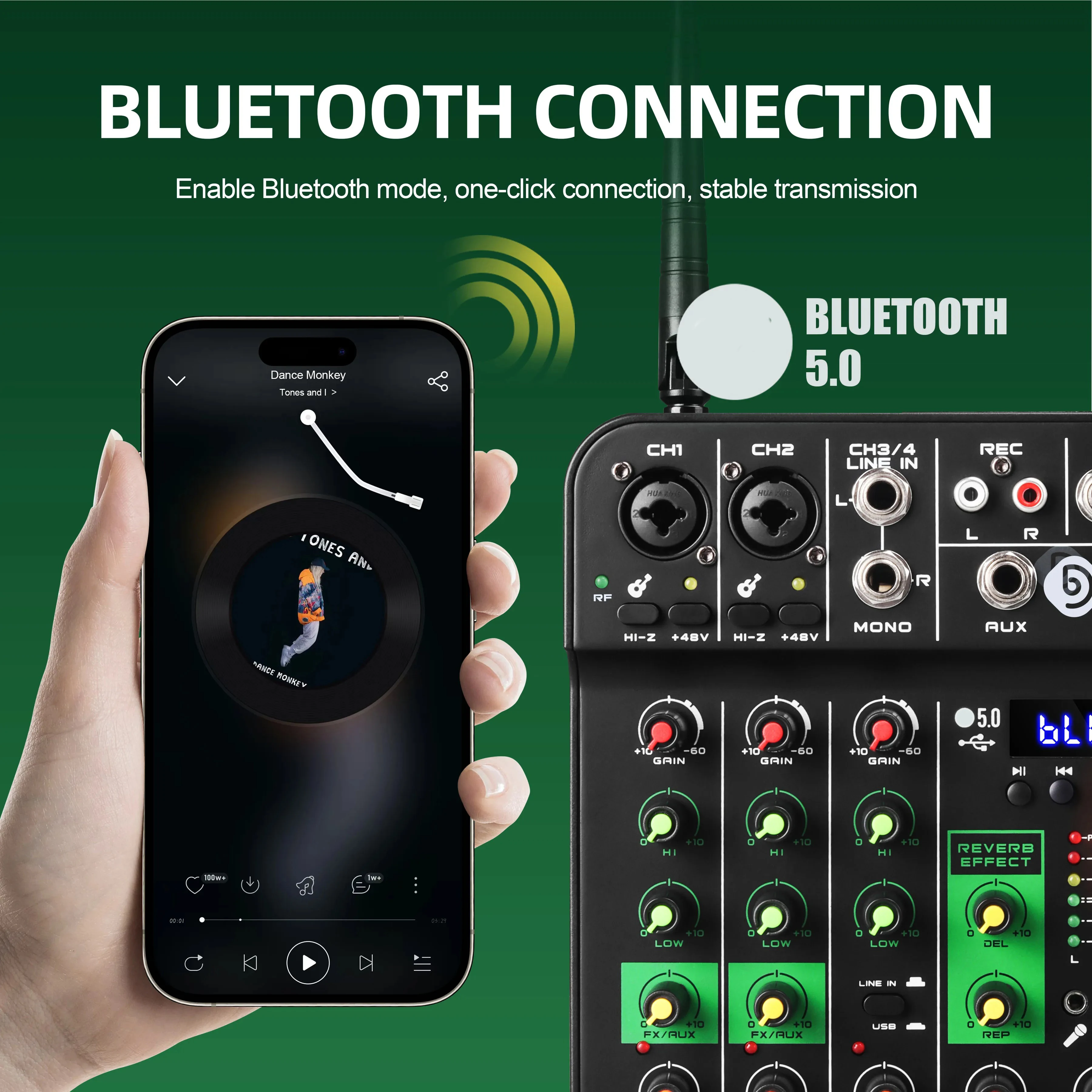 

4-канальный аудиомикшер-контроллер для диджеев с Bluetooth 5.0, USB-записью, фантомным питанием 48В, эффектами DSP (реверберация, задержка) для караоке и свадеб