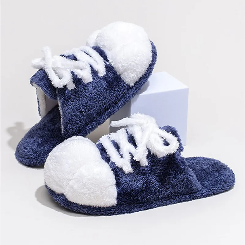 

Unique Sports Style Modern Slippers Women Fashion Lace Up Mixed Colors Designer Shoes Winter Warm Fluffy Home Cotton Slippers