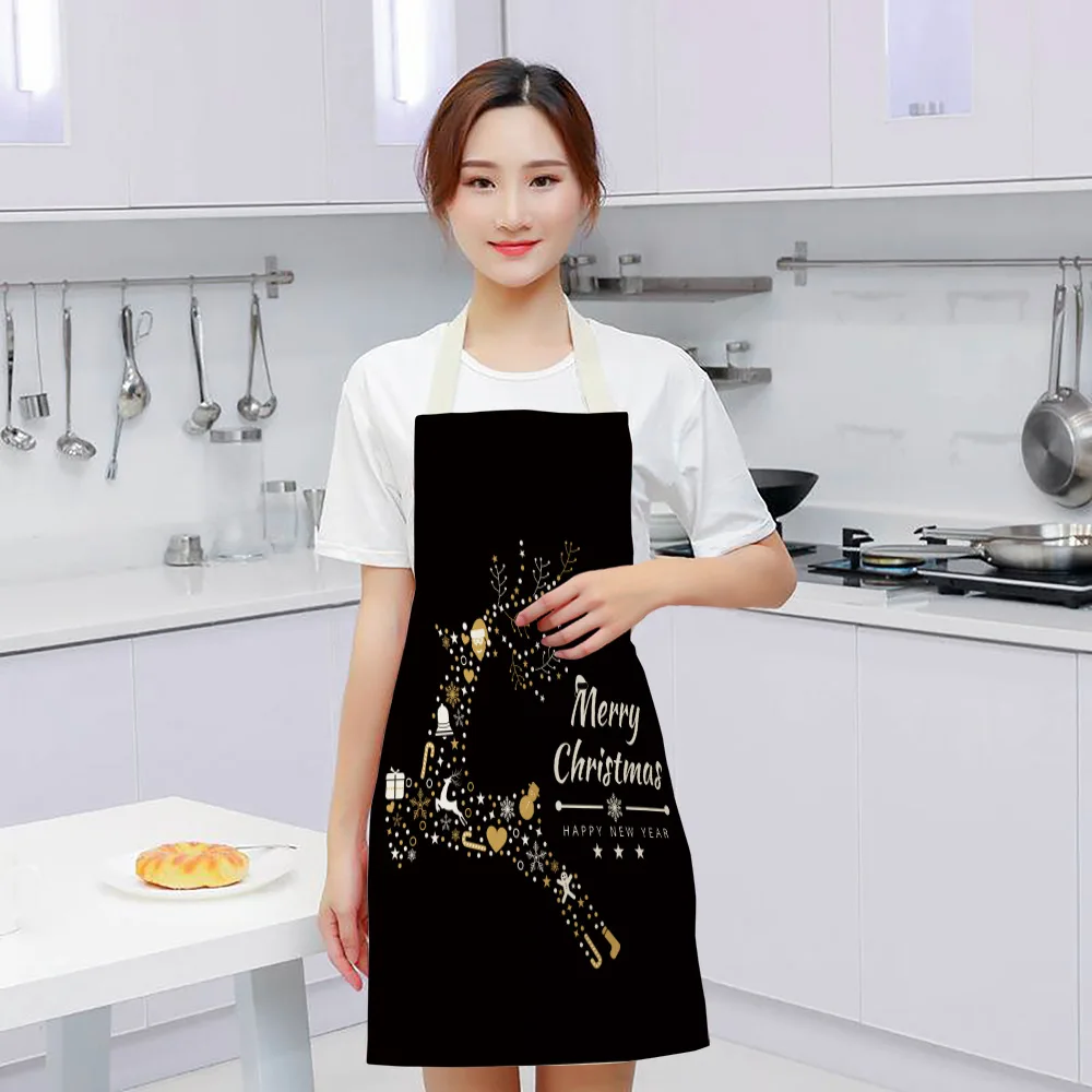 Black Gold Christmas Apron Elk Snowman Christmas Tree Kitchen Cooking Aprons Christmas Decorations for Home Delantal Cocina