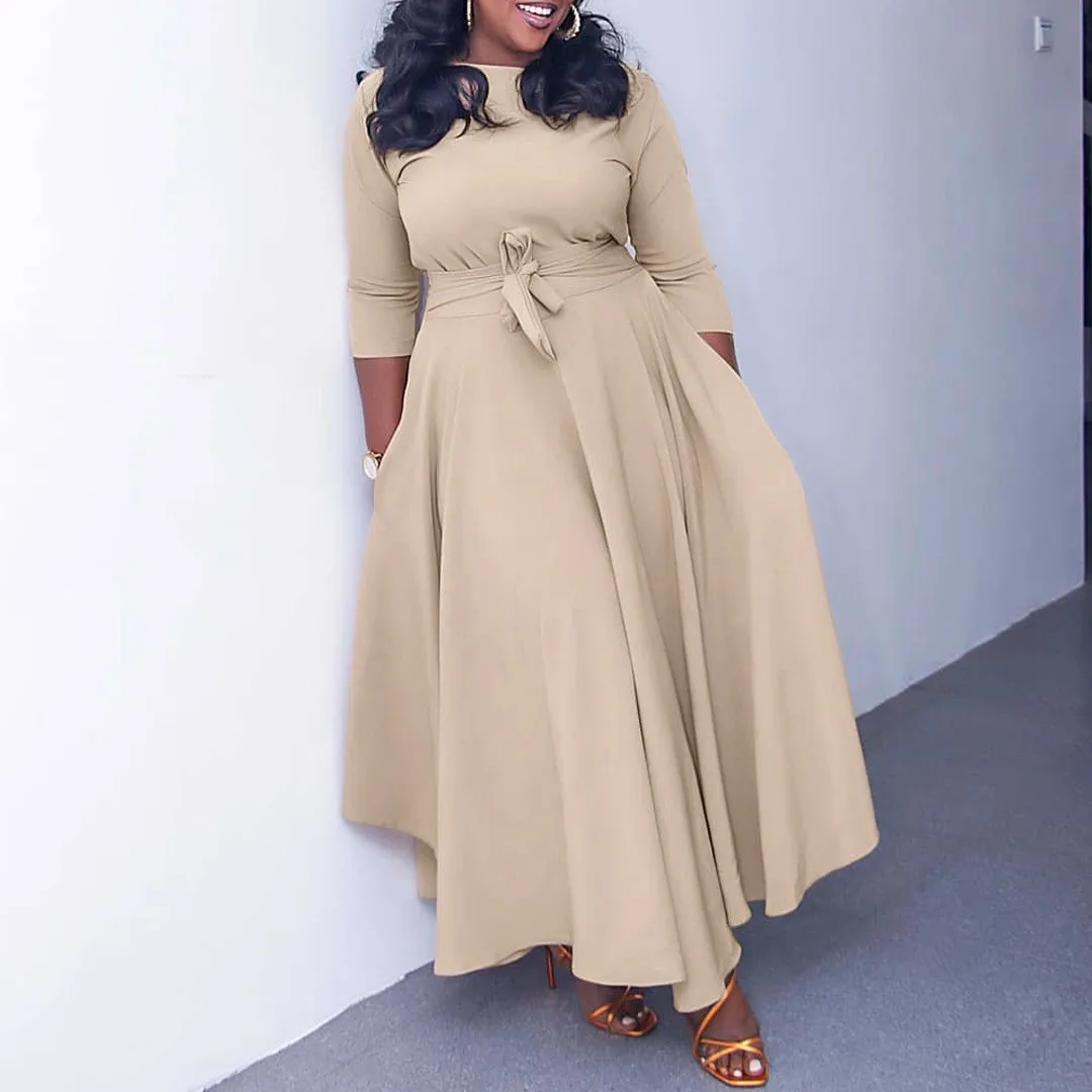 African Woman Clothing Dress High Waist Round Neck Maxi Dress A Line Skirt Self Tie Belt Long Dress Beige Red Woven Solid Color