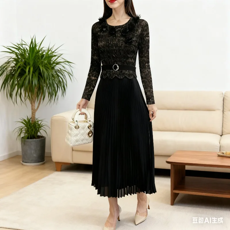 

Плиссированные платья Miyake, платье больших размеров, осень 2021, модная модная юбка с цветочным тиснением, темпераментная талия, тонкая длинная плиссированная юбка