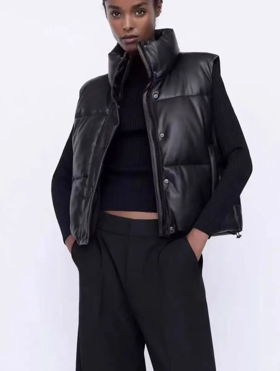 

Thiened теплый хлопковый жилет из искусственной кожи с воротником-стойкой, ветрозащитный хлопковый жилет на молнии, женский модный универсальный хлопковый жилет на осень-зиму