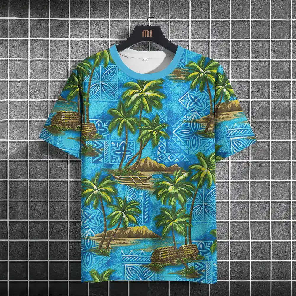 Hawaiian Beach T shirts For Men 3D Coconut Tree Print O-Neck Short Sleeve T-shirt Summer Oversized Pullover Men Y2k Top Clothing