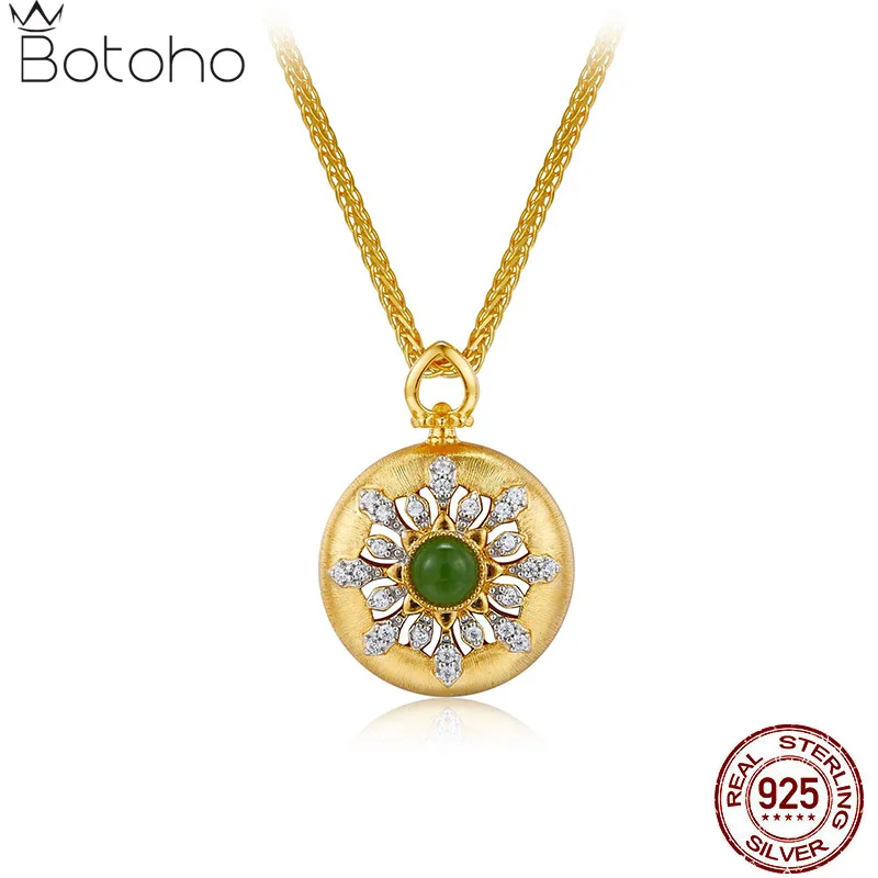 

S925 Sterling Silver Natural Jasper Zircon Round Pendant Necklace For Women 18K Gold Green Stone Chokers Necklaces 2023 New Gift