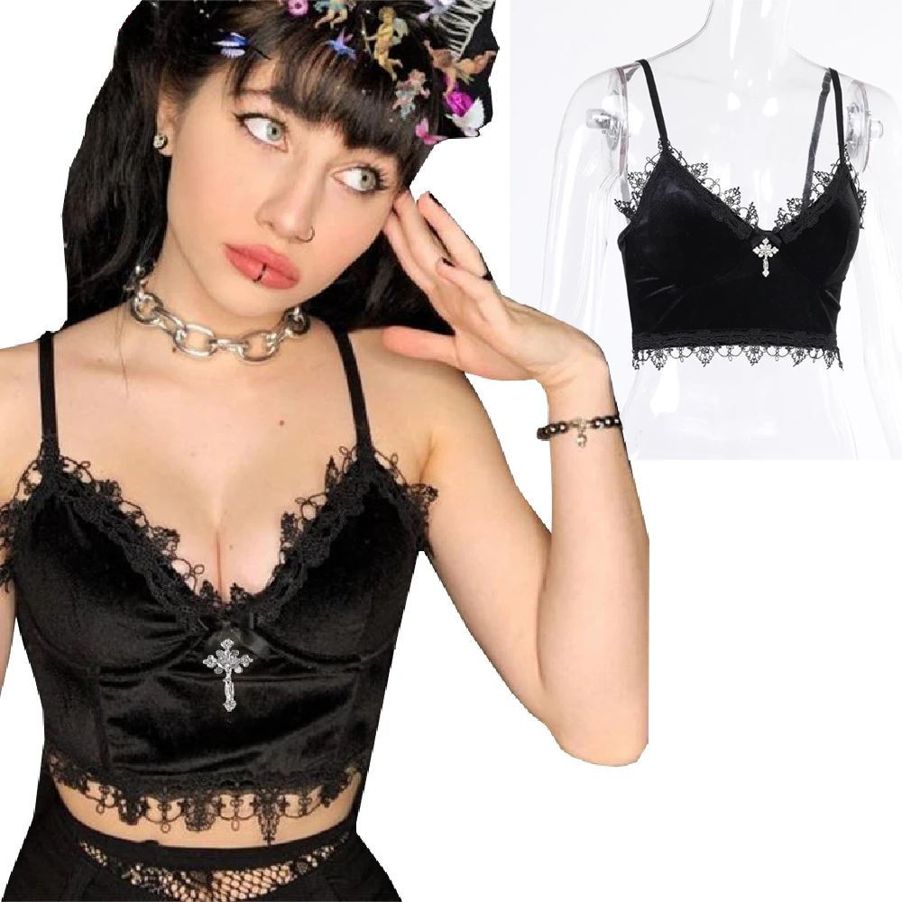 קטיפה יבול צמרות תחרה שחור לקצץ emo אלטרנטיבה אסתטית יבול צמרות נשים