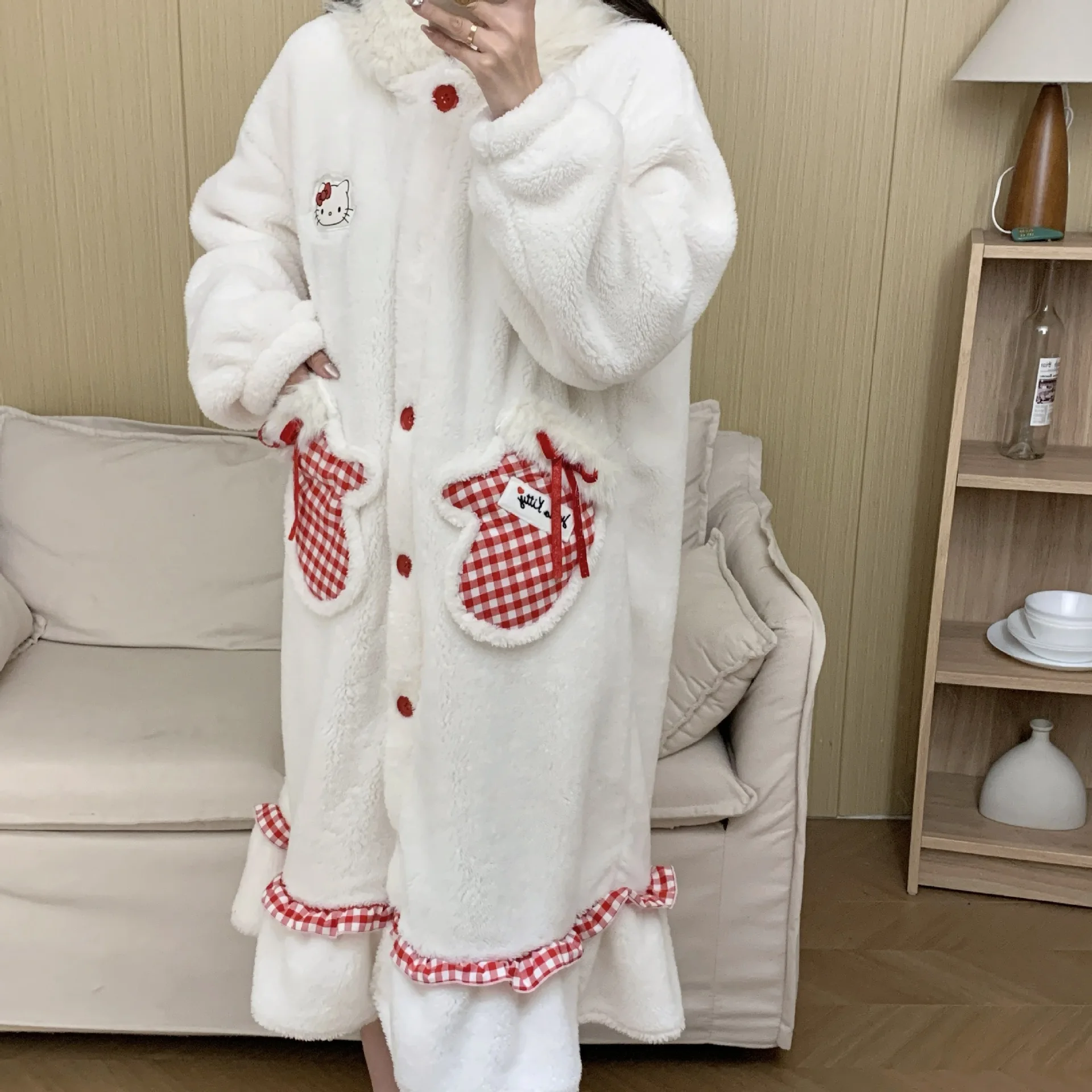 

Cartoon Cute Hello Kitty Winter Plush Sleeping Gown Pants Suit Sanrio Kawaii Women Warm Thickened Pajamas Set Student Homewear