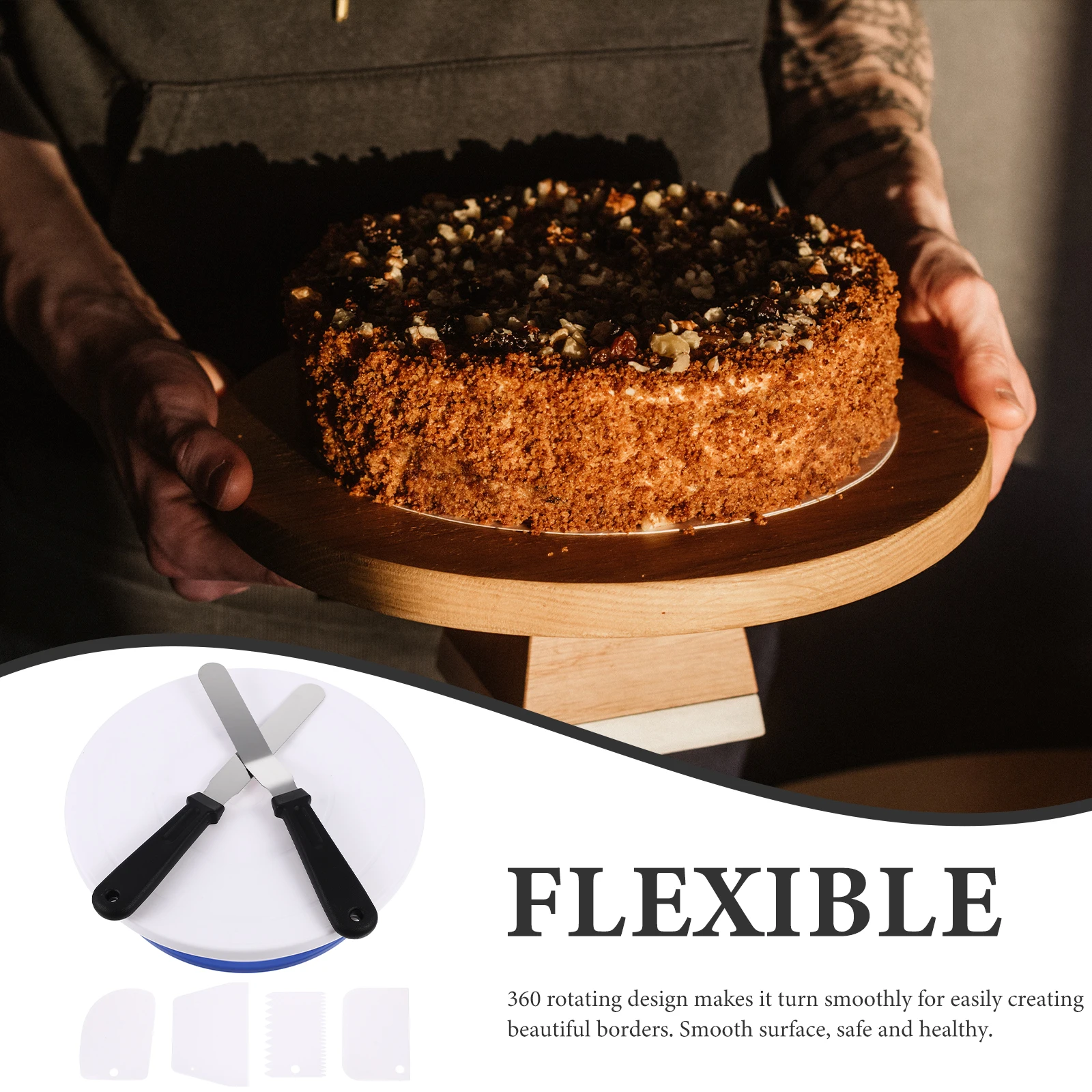 

Cake Turntable Set Stainless Steel PP Rotating Decorating Tools Icing St Supplies Scrapers Non Slip Base Raised Control Cake