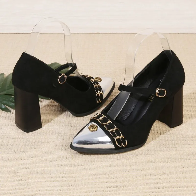 Pointed Toe Heels Women Metal Decoration Elegant Designer Shoes Luxury Party Patent Leather Dress Shoes