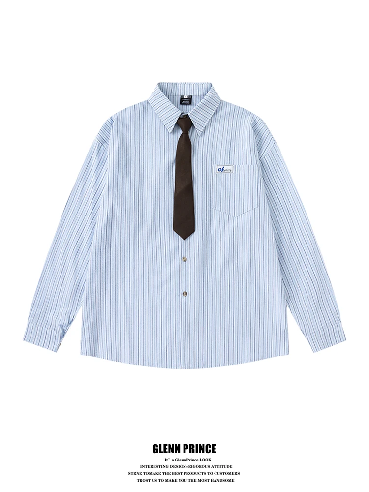 

Loose Fit Long Sve Men's irt Vertical Stripes Inner Wear College Sle Korean Lazy Sle GPstudio Autumn Season Cotton P...