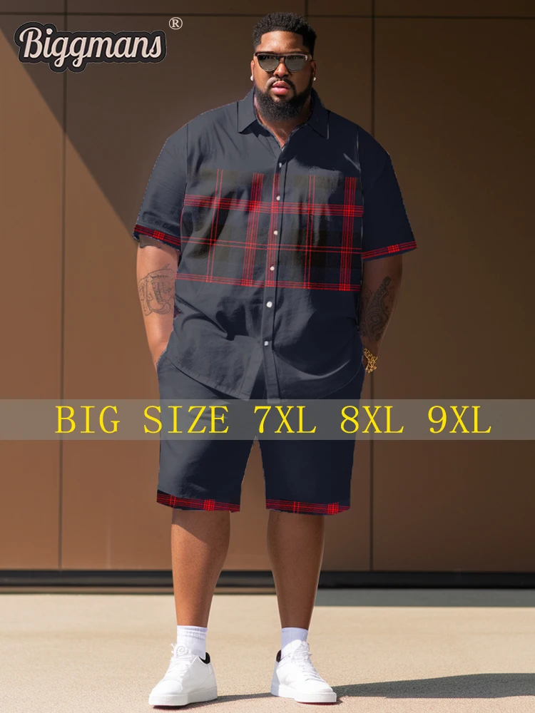 Biggmans （L-9XL）Plus Size Shirt And ShortsSet For Men\'s Leisure Casual Cross Black Two Piece Set