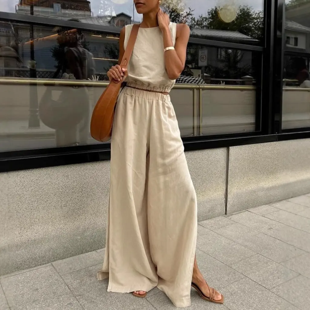 Set da due pezzi in cotone e lino da donna, gilet in tinta unita, pantaloni divisi, abito casual in stile europeo americano primavera estate