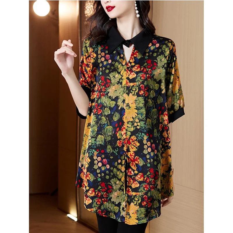 Vintage Printed Lapel All-match Loose Blouse Women Clothing 2023 Summer New Oversized Casual Pullovers Loose Office Lady Shirt