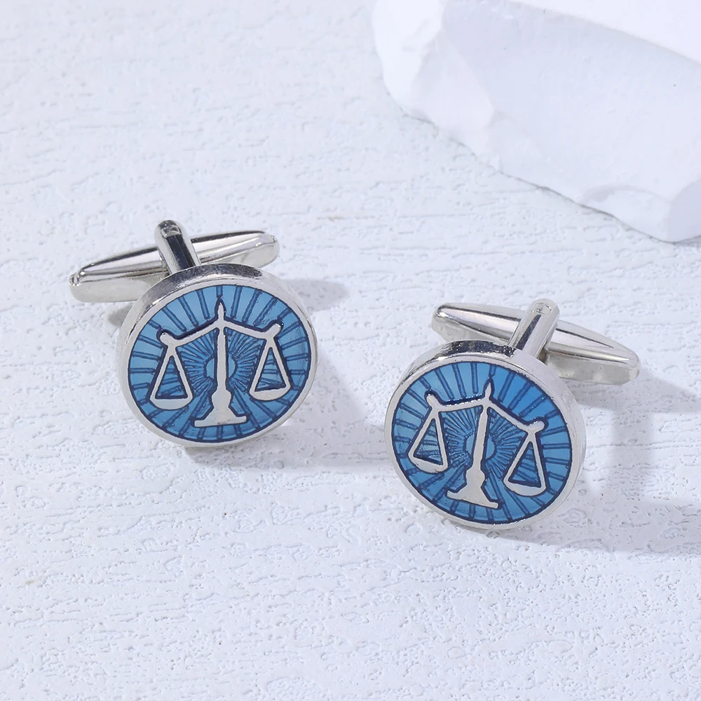 Libra Sleeve Button Law Lawyer Attorney Judge Gavel Scales of Justice Cufflink Round Blue Enamel Balance Court Logo Cuff Links