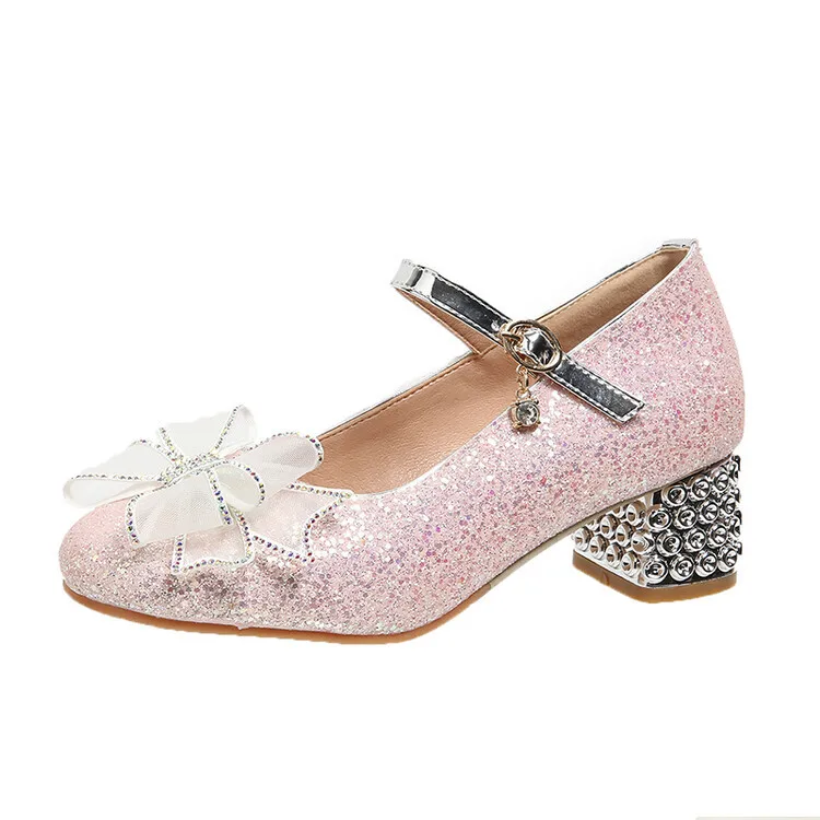 Women Silver Sequin Bow Mary Jane Shoes Chunky Heel Pumps Wedding Banquet Bridesmaid Stage Performance Dress Footwear
