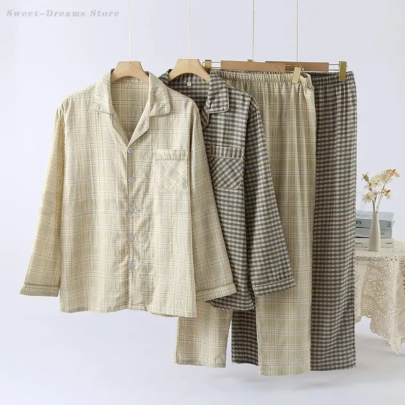 Japanese Checkered Men's Pajamas Set Male Spring Autumn Cotton Sleepwear Home Clothes Long Sleeved Top Pants Simple Pijama Mujer