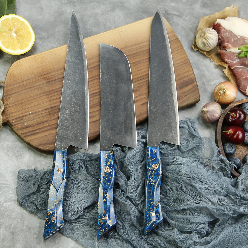 3pcs 10Cr15MoV 7 layer cladding steel Kiritsuke knives set kitchen Nakiri chef knife Full tang with Resin foil&G10 spacer Handle