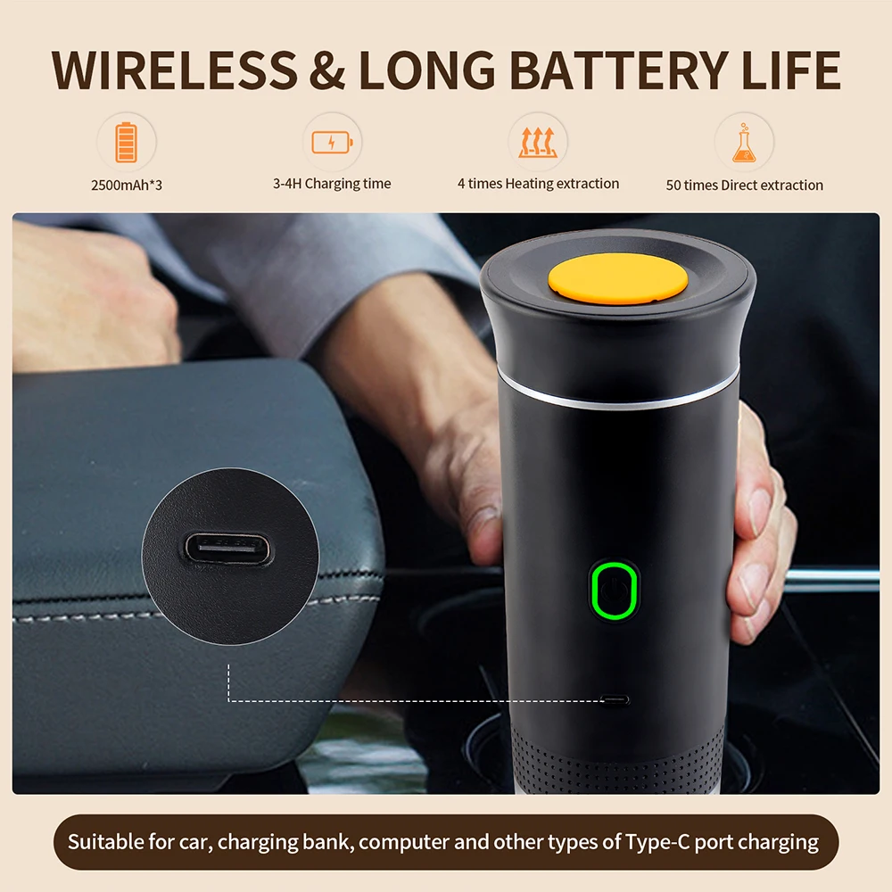 Wireless Electric Portable Espresso Coffee Machine for Car & Home Camping Coffee Maker 3-in-1 Capsule Powder Travel Coffee Maker 6