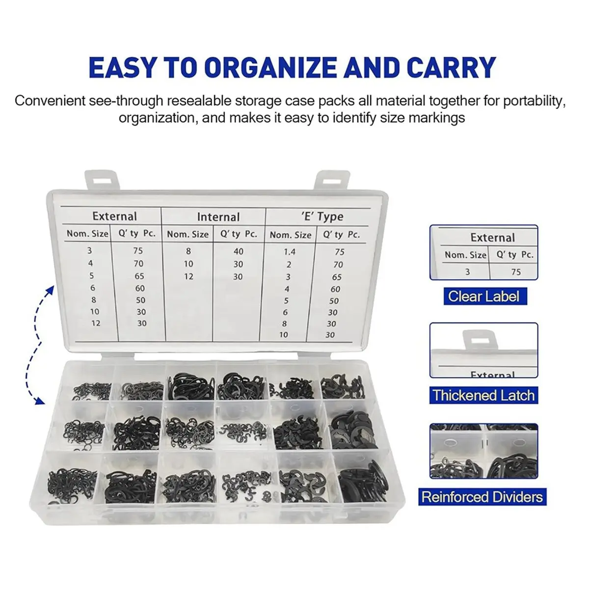 1set 890Pcs Premium Circlip Snap Rings Assortment Kit, 3 Types 18 Sizes with Storage Case