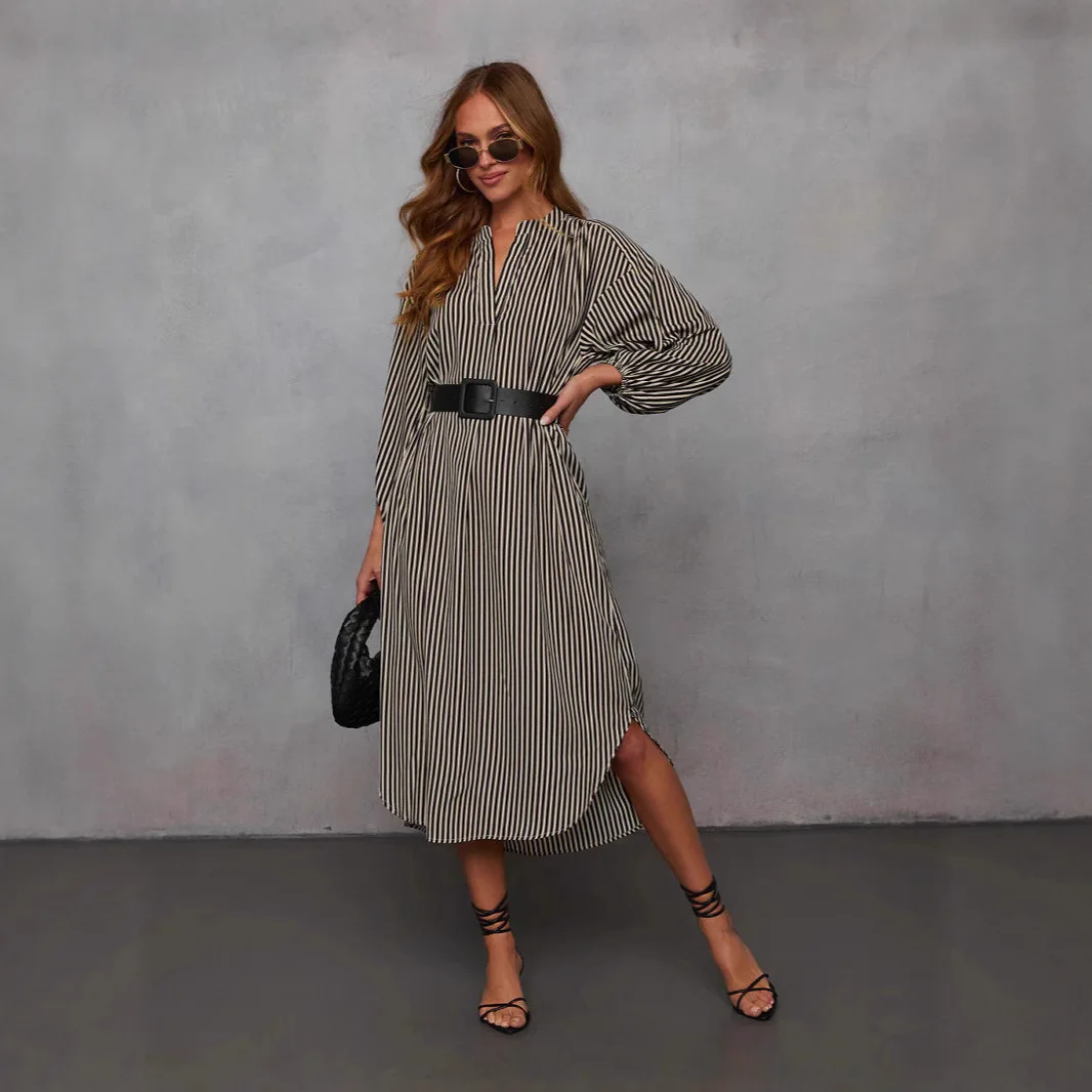 

Fashion Striped Long Dress Women Elegant With Belt Irregular Long Sleeve Maxi Dress Robe Femme Holiday Vestidos Female Clothing