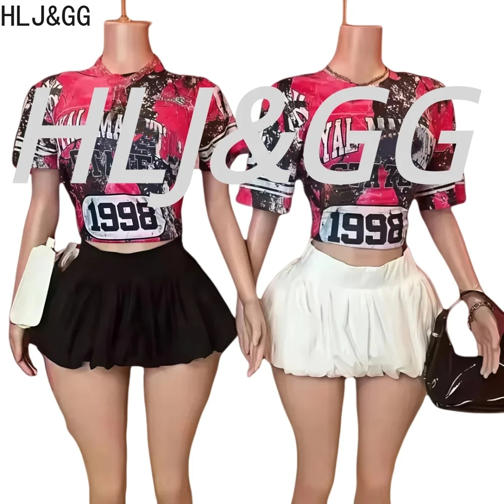 

HLJ&GG Y2K Graphic Print T-shirt And Puffy Mini Skirts Two Piece Set Outfits Women Letter Trend 2pcs Suits Fashion Streetwear BR