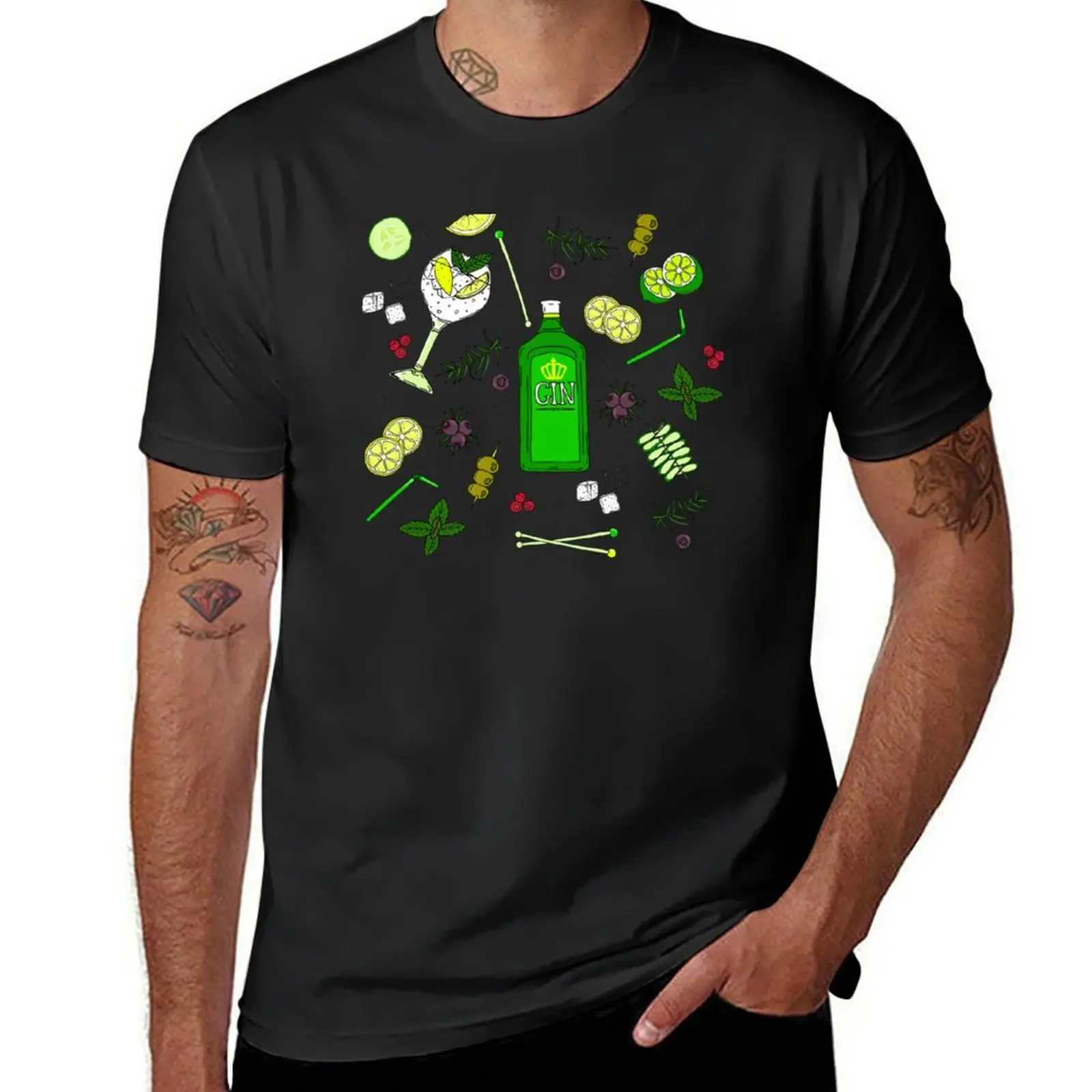 

Gin and Tonic Pattern Gin o'Clock Cocktails T-Shirt hippie clothes luxury designer Blouse blanks men workout shirt