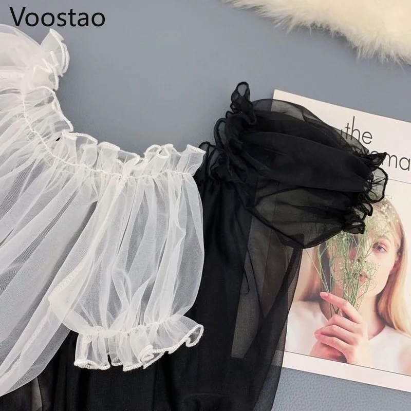 Summer Women Sweet Lolita Style Blouses Kawaii Slash Neck Ruffles Mesh Shirts Female Sexy Cute Short Puff Sleeve Blusas Mujer