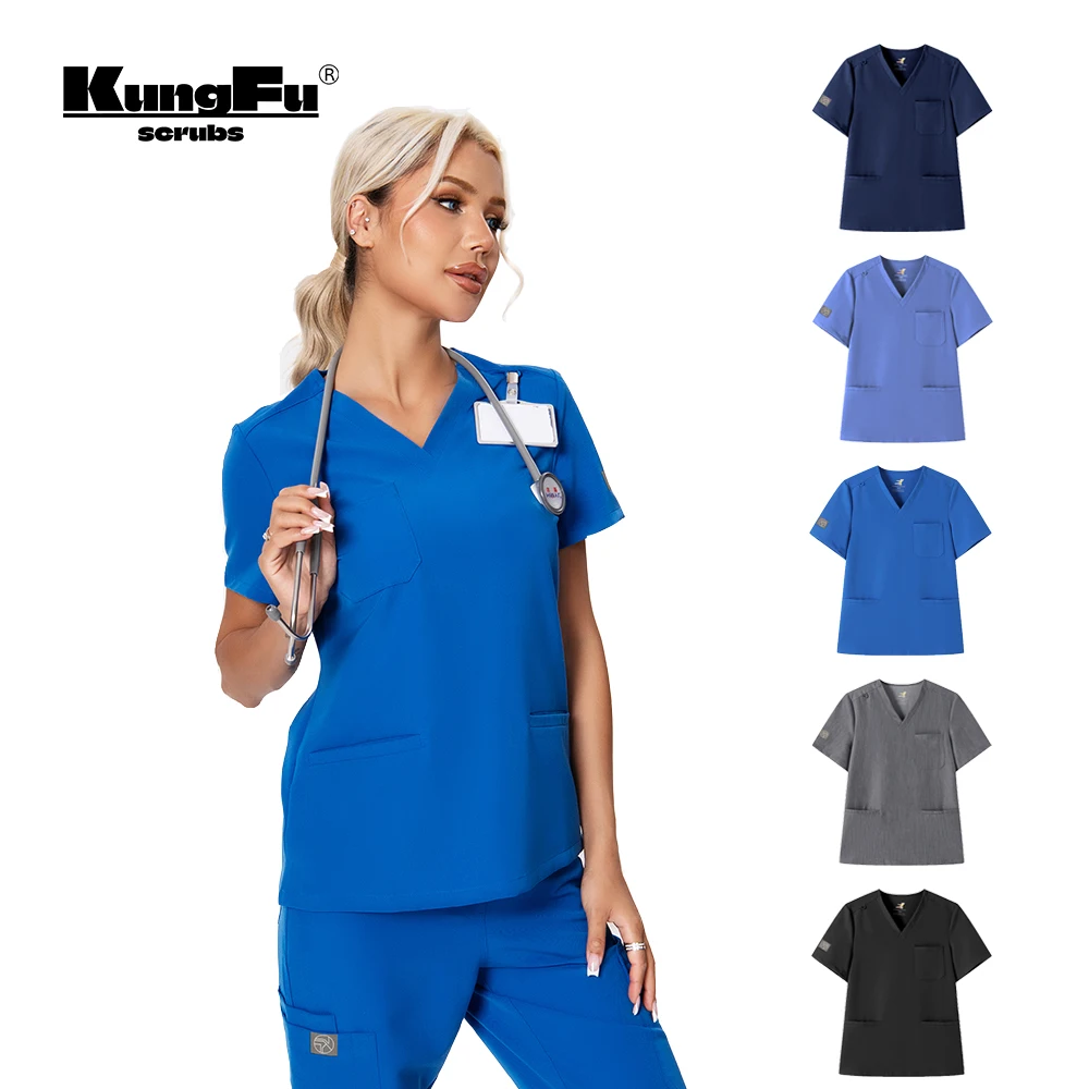 KUNGFU SCRUBS-Camiseta con cuello en V para mujer, uniforme clínico de enfermería, Top clásico de moda de alta calidad