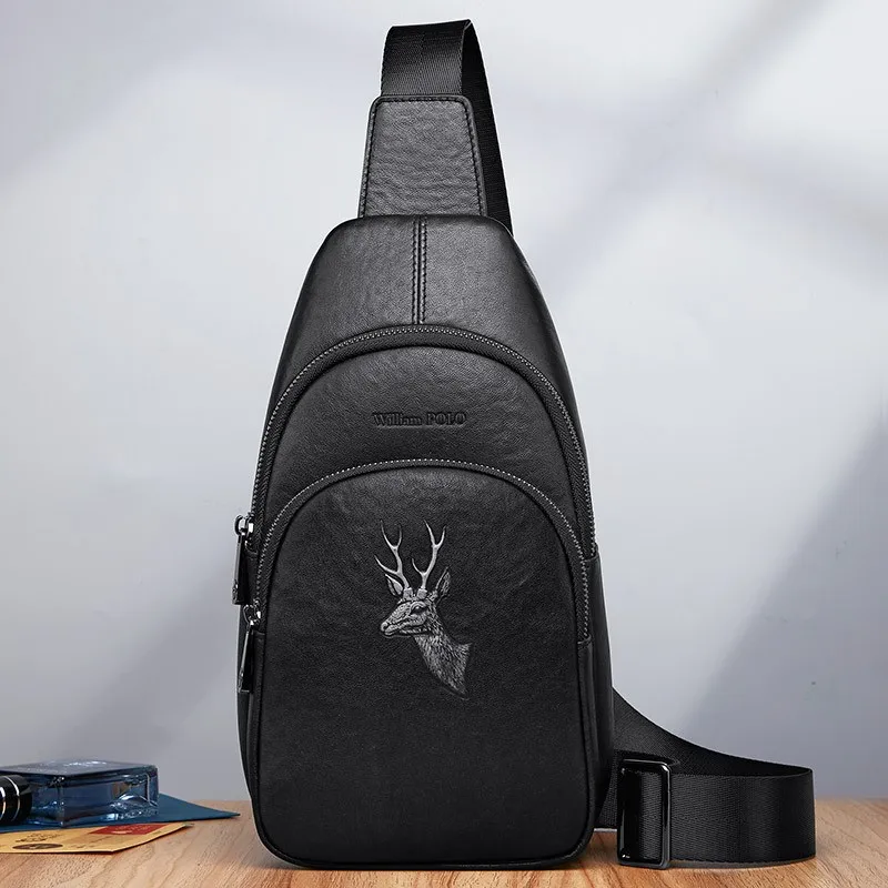 

WILLIAMPOLO First layer cowhide black deerhead men's crossbody bag Cowhide trend All-in-one shoulder bag chest bag men's style