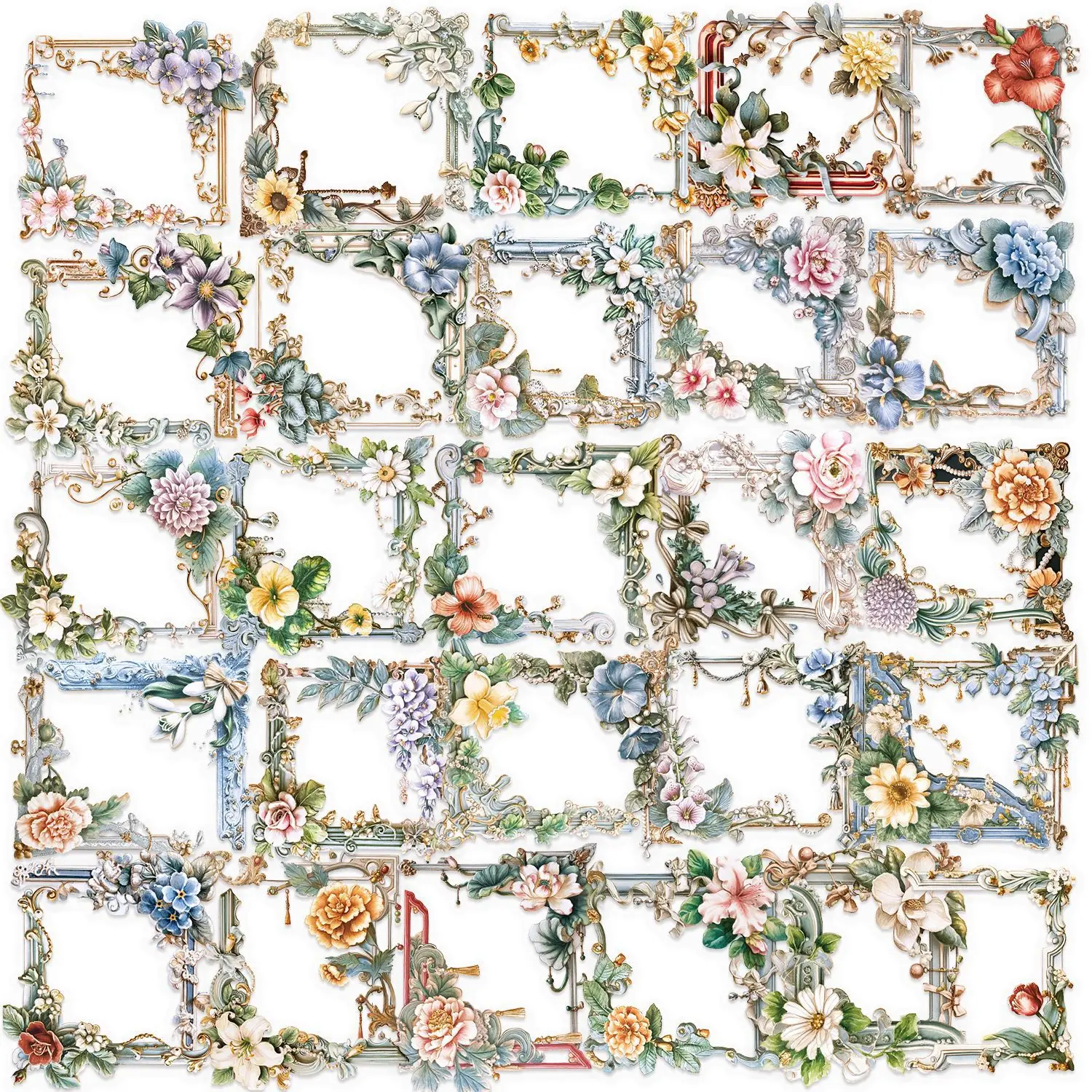 50/100 PCS Transparent PET Cartoon Flower Picture Frame Sticker Pack Waterproof Decorative Guitar Notebook Stickers