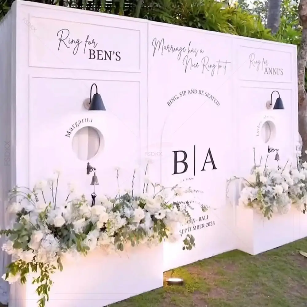 FSDKX High quality Custom Logo White Event Party Entrance Welcome Sign Acrylic Flower Box Backdrop Stand Arch