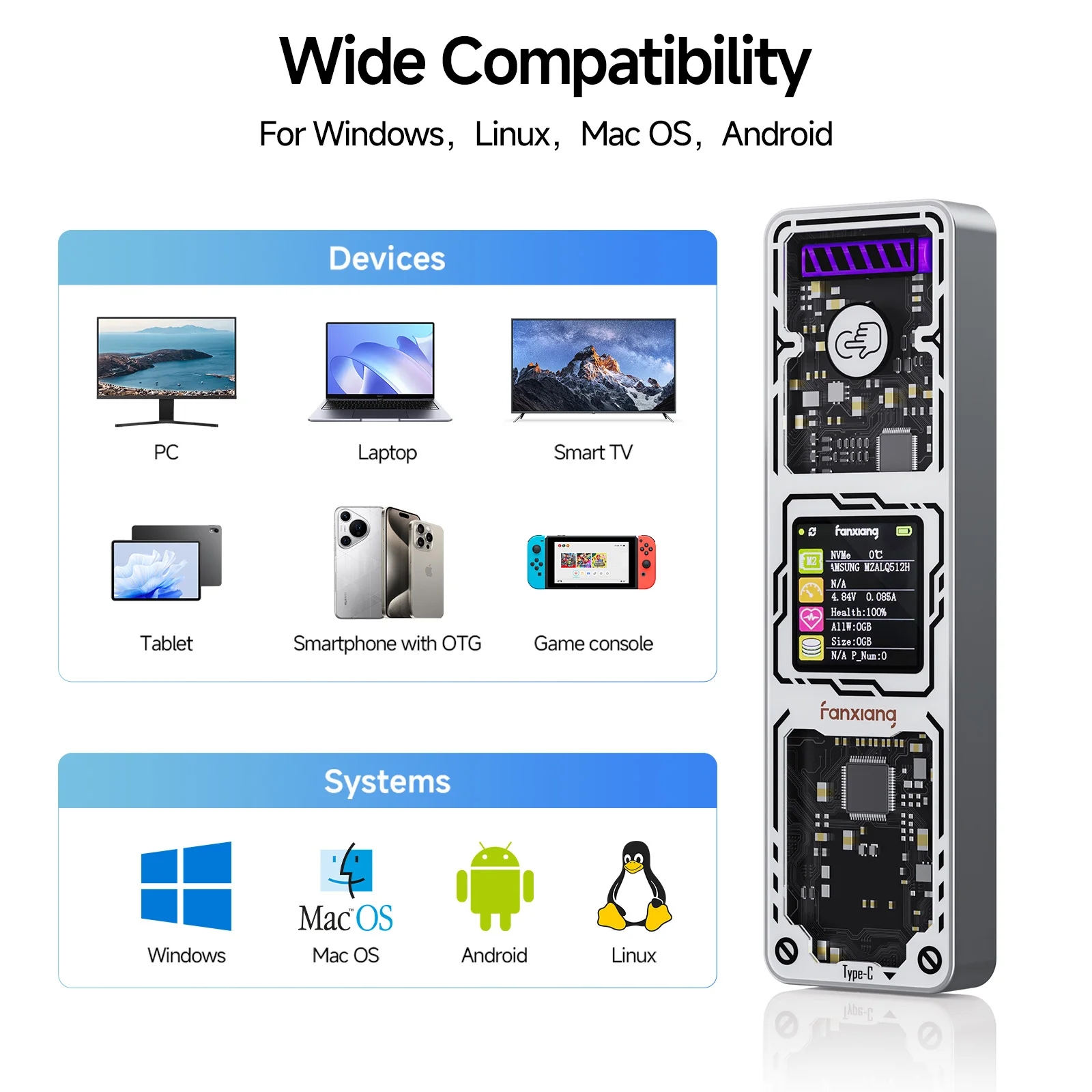Fanxiang MD86 M.2 NVME/SATA SSD carcasa 10 Gbps USB 3,2 Gen 2 SSD adaptador/lector USB compatible con teclas M/B + M/2230/2242/2260/2280