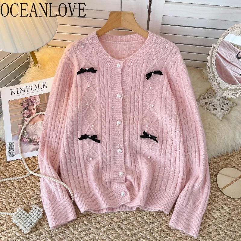 

OCEANLOVE Sweet Bows Women Sweaters Beading Korean Fashion Autumn Winter Cardigans Vintage Loose Thick Warm Sueter Mujer