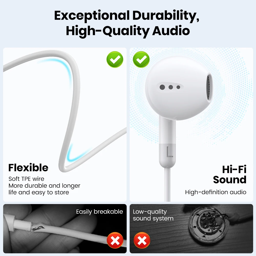 USB Type C Headphone HiFi Bass Stereo Volume Control Mic 3.5mm Wired Earbuds For Galaxy S24 S23 S22 S21 Ultra iPhone 15 Pro Max