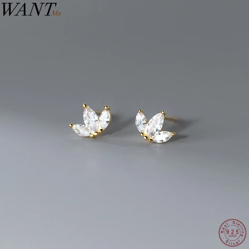 

WANTME 925 Sterling Silver Shiny Small Leaf Zircon Stud Earrings for Women Fashion Korean Teen Crown Piercing Pendientes Jewelry