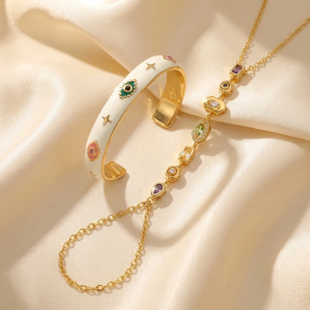 Vergoldetes Zirkon-Geometrie-Handketten-Set aus Edelstahl mit Bösem-Auge-Armreif für Damen, wasserdicht, Party-Schmuck, Geschenk – Detail 7