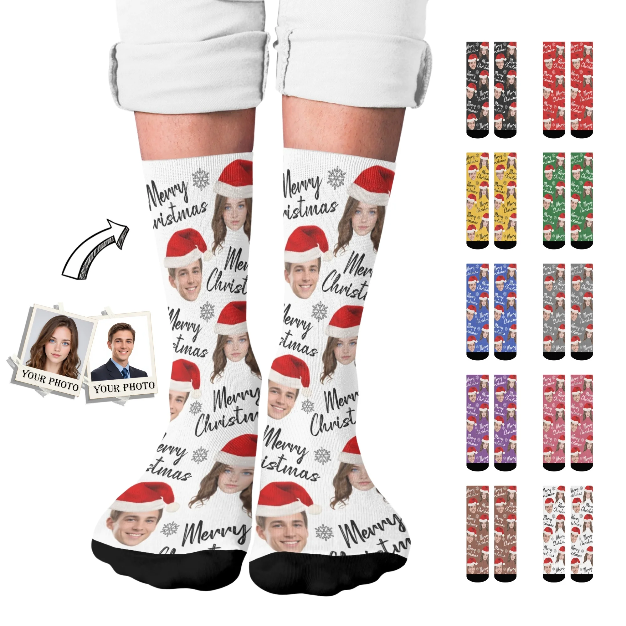 

1 шт., рождественские носки на заказ, персонализированные носки до середины икры с праздничным дизайном шляпы Санта-Клауса, полиэстеровая вязаная ткань, ручная стирка