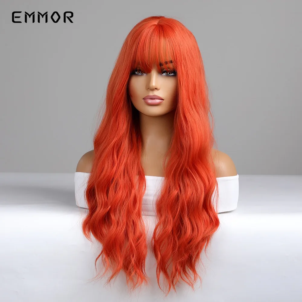 Emmor Synthetic Long Water Wave Hair Wigs Natural  Dark  Red Wigs With Bangs for Women Cosplay Heat Resistant Fiber Wig