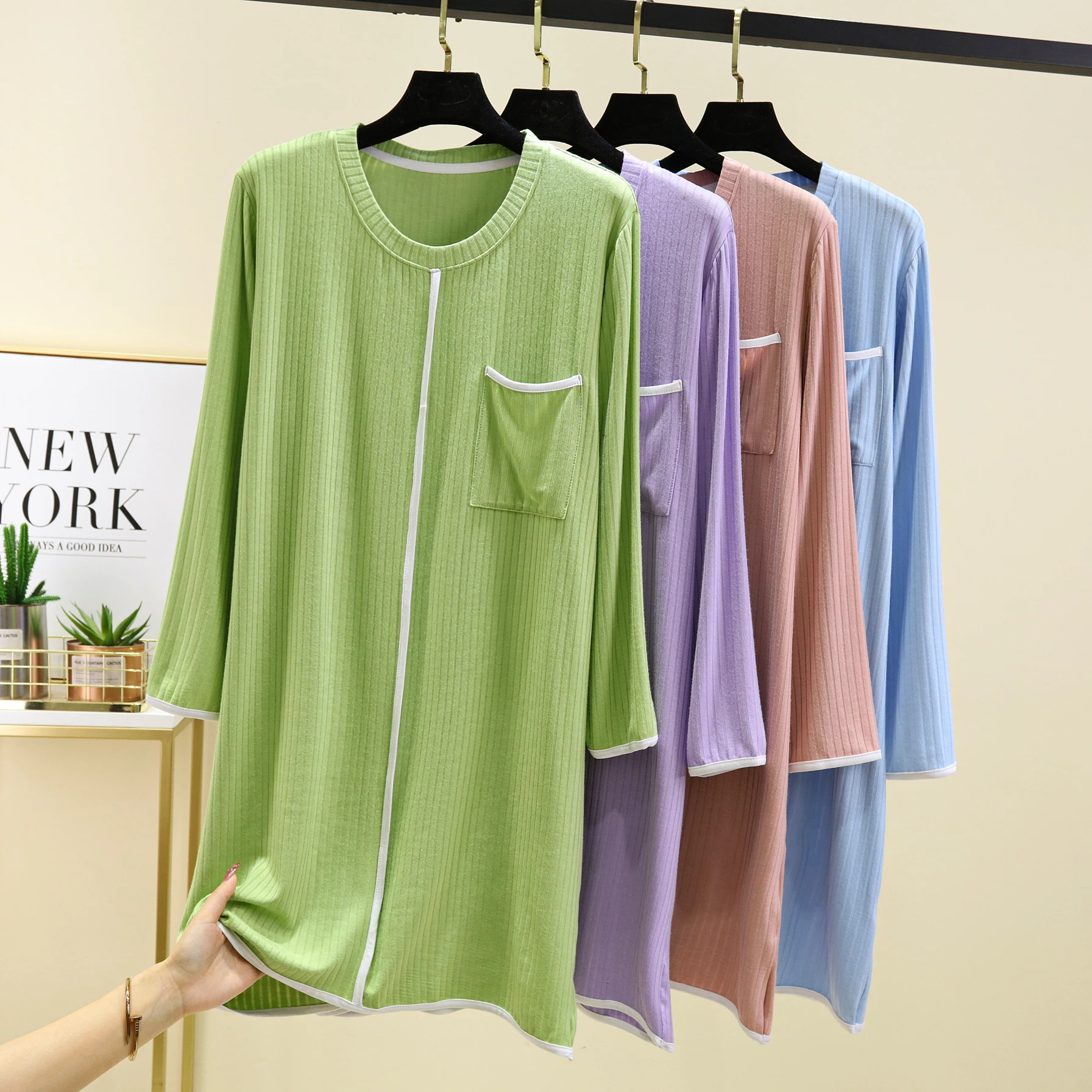 

Круглый модальный Ne Long Sve Dr, женские весенне-летние тонкие домашние пижамы больших размеров, свободные повседневные длинные цвета Dr