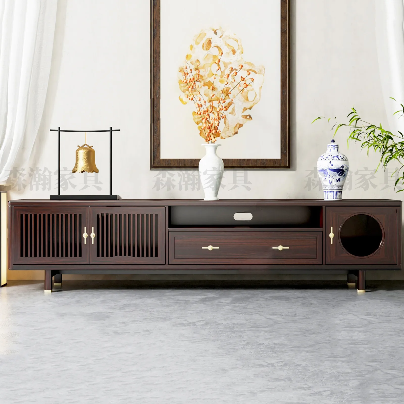 PYH TV Cabinet New Chinese Living Room Locker Locker Floor Cabinet Ash Wood Storage Cabinet Solid Wood Furniture