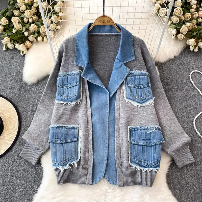 2023 Fashion Personalized Knitted Patchwork Denim Jacket Women\'s Autumn Winter Loose Lazy Style Sweater Blazer Cardigan Z4088