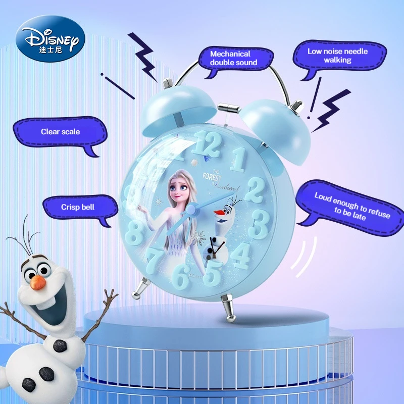 Disney Anime Alarm Clock School Wake Up Artifact Timer Girl Elsa Princess Teenage Student Cartoon Backlit Cute Quartz Clock Gift