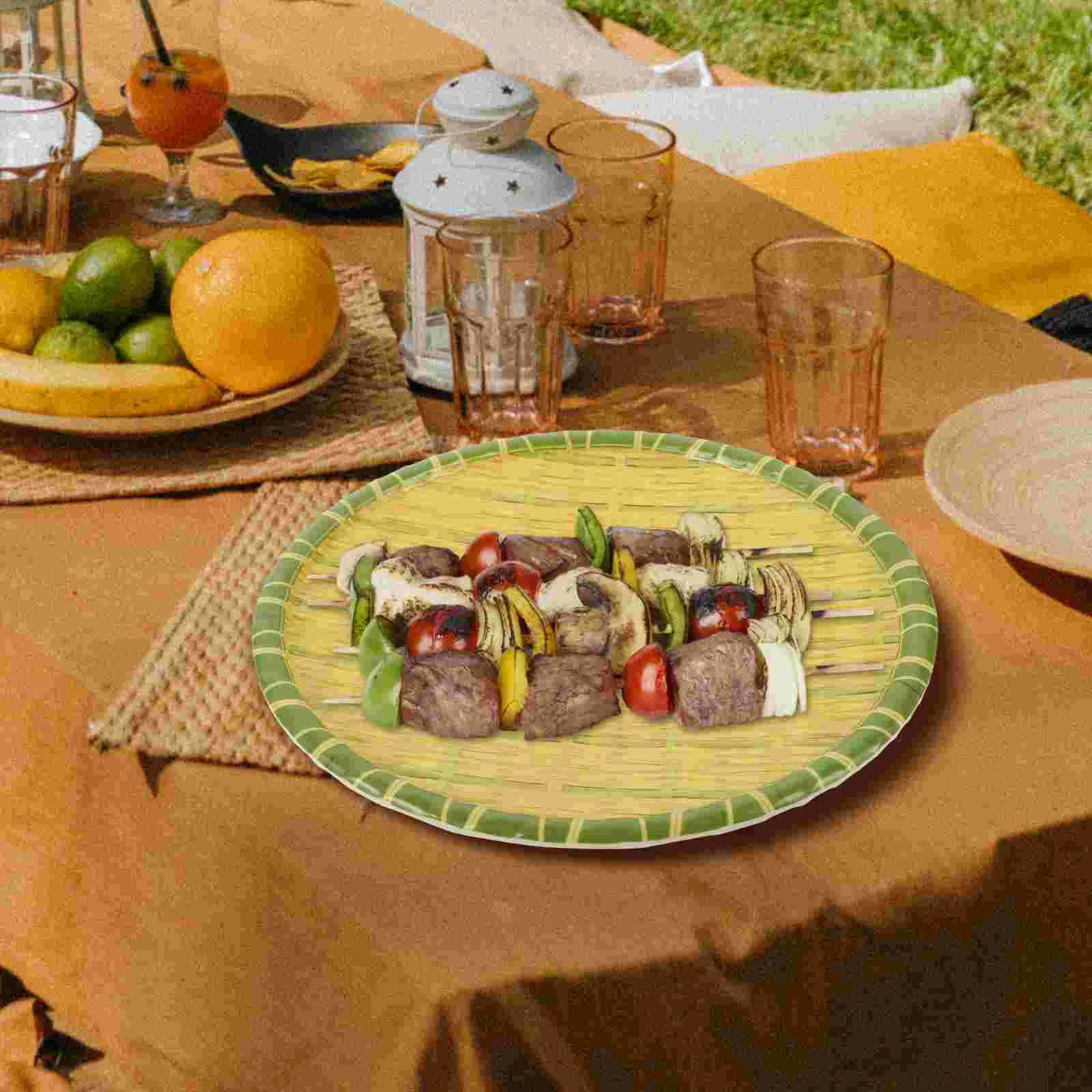 

2 Pcs Bamboo Round Plate Retro Hot Pot Dish Restaurant Large Barbecue Decorative Tray Food Rustic Trays Plastic Serving for