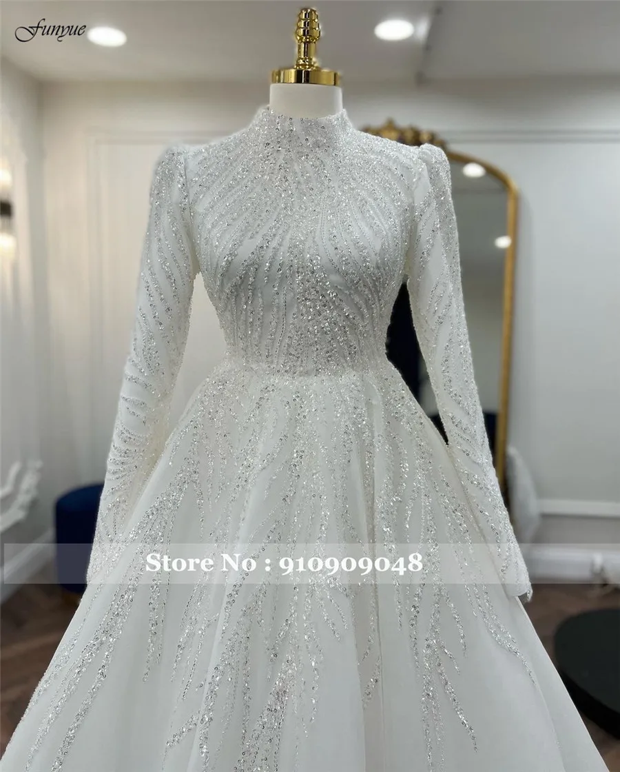 Funyue Dubai Luxury Bridal Dresses Lace Beaded A-Line Arabic Wedding Gowns For Women Bride Full Sleeves Vestido De Casamento