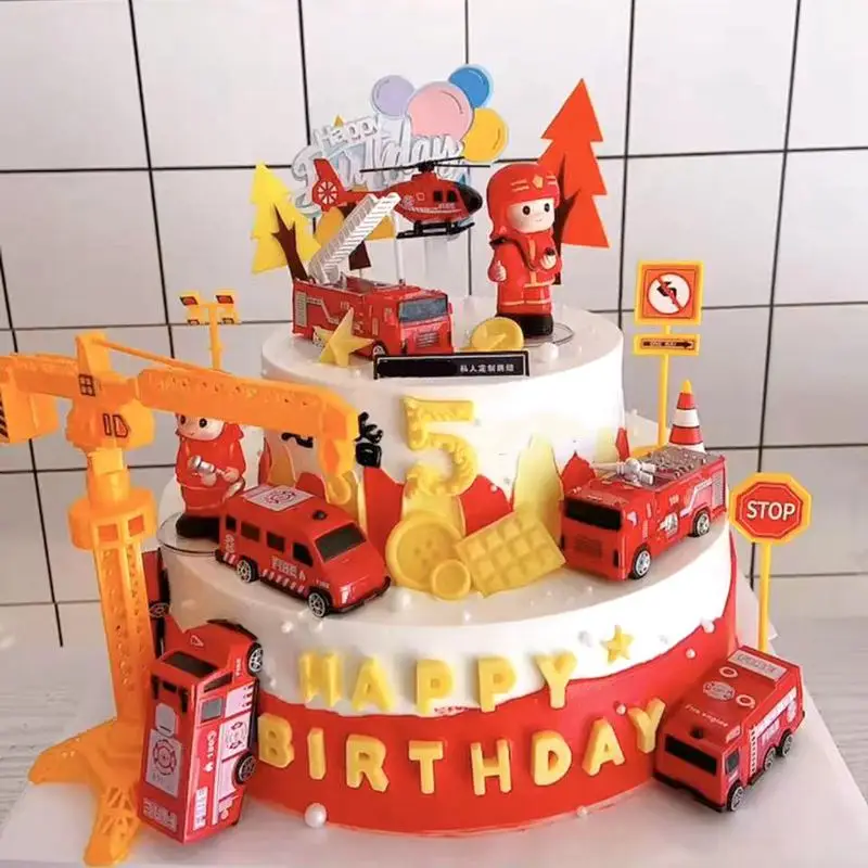 Fire Truck Fireman Cake Topper Birthday Decoration Firefighter Hero Theme Cake Topper Birthday Party Kid Gifts Cake Decoratings